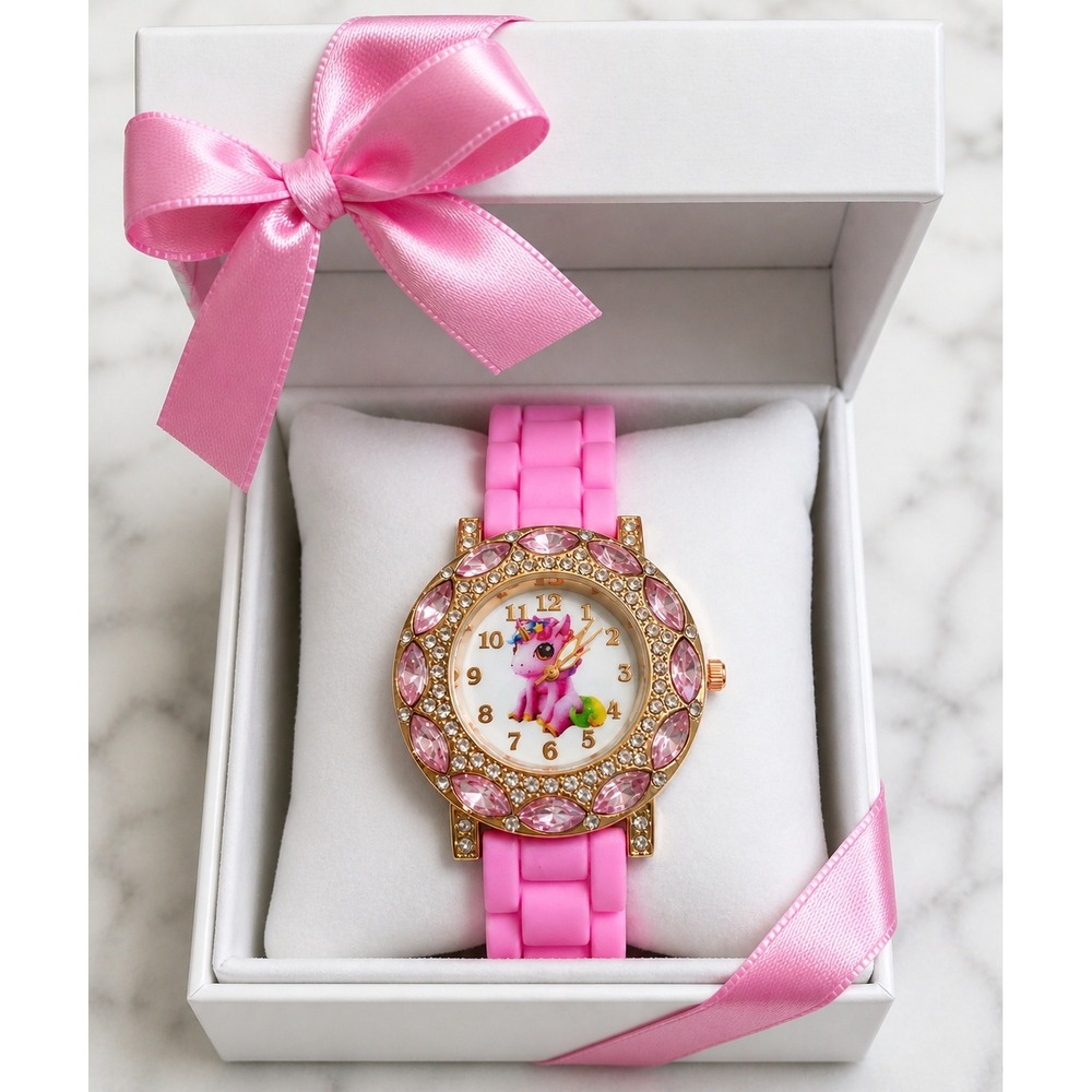 Pink Unicorn Wristwatch Rhinestone Gold Tone Bezel Silicone Strap Gift Box
